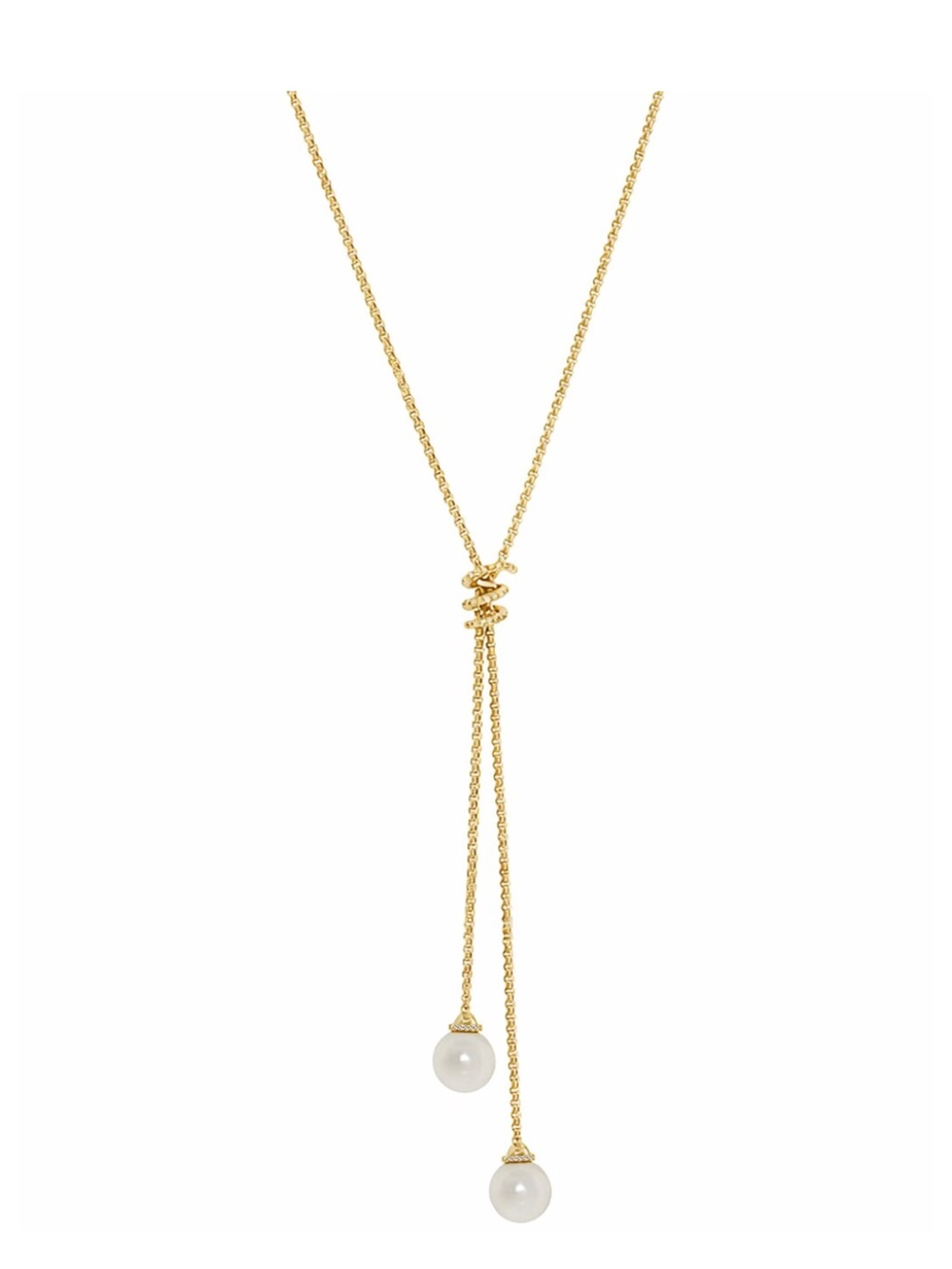 Gold Lariat Necklace with White Pearl Drops